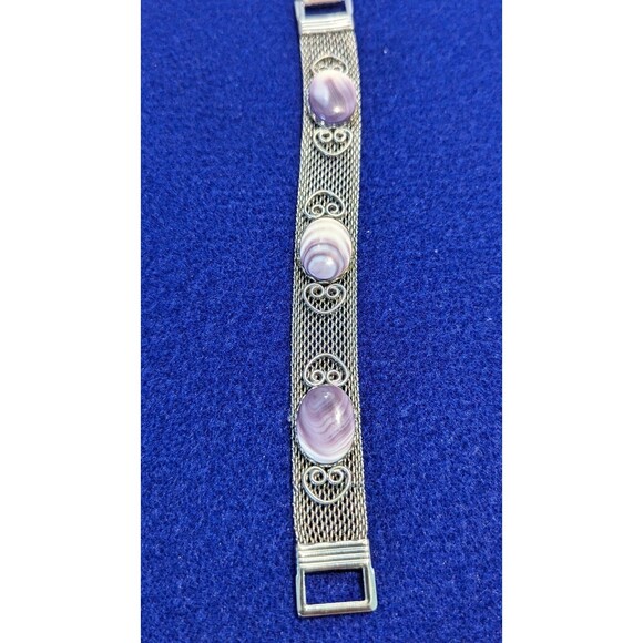 Vintage Silver Tone Mesh Bracelet with Purple White Cabachons - Picture 6 of 9
